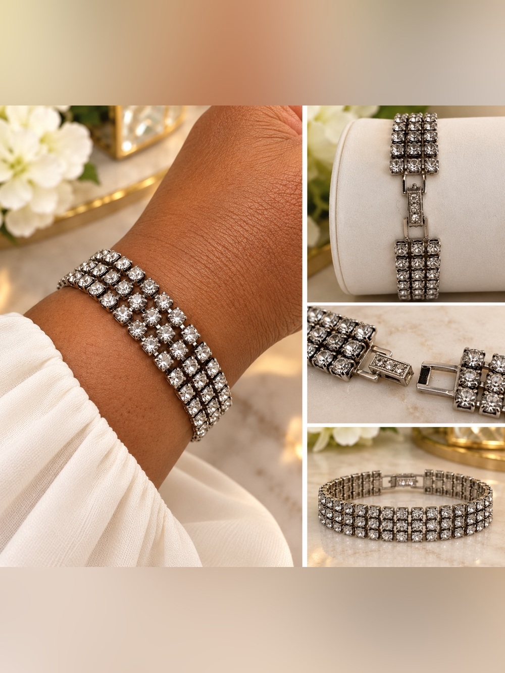 Vintage 3 Row Rhinestone Bracelet Silver Tone